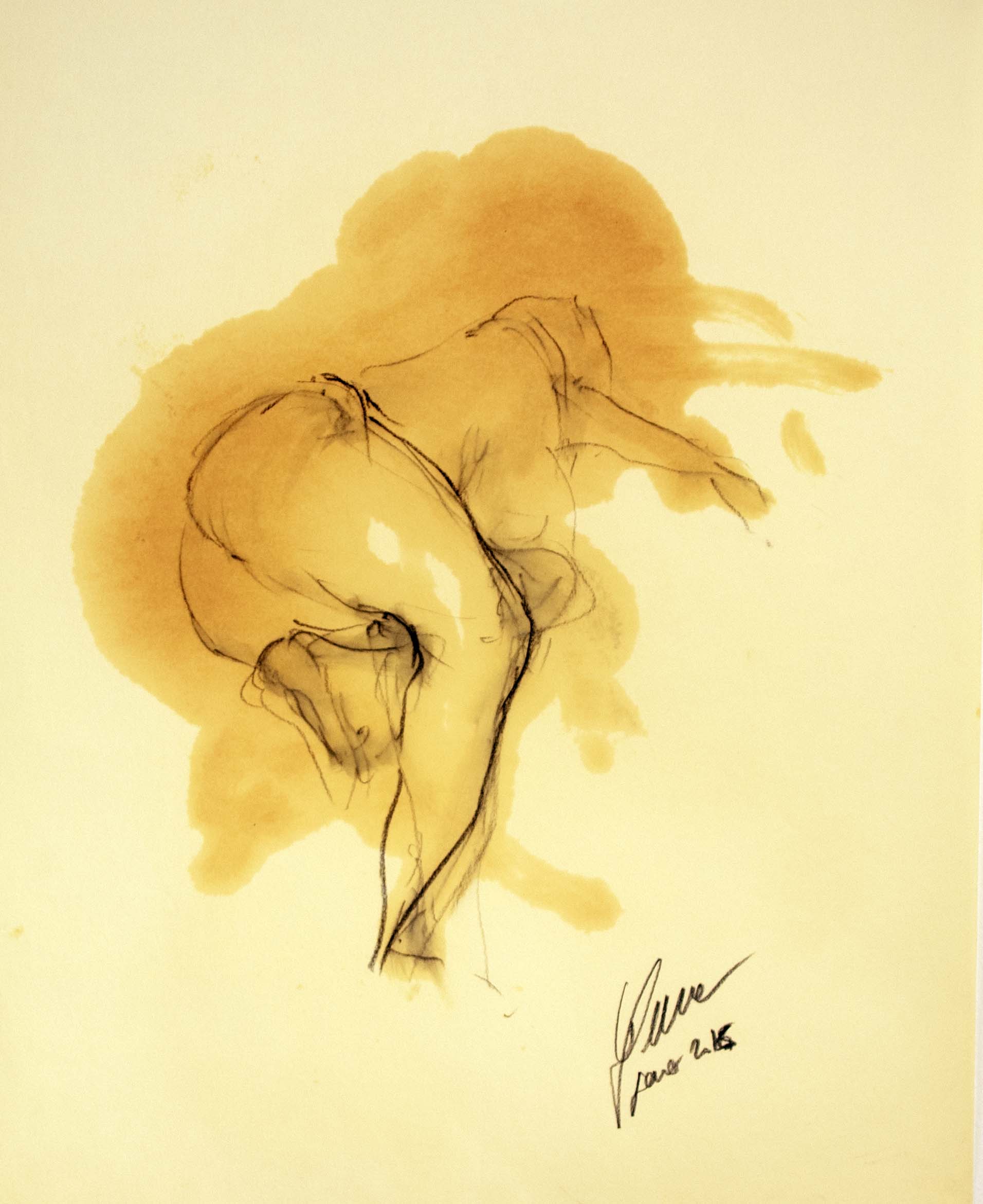 Dona estirada esquenes — Grafit i oli de llinosa sobre paper